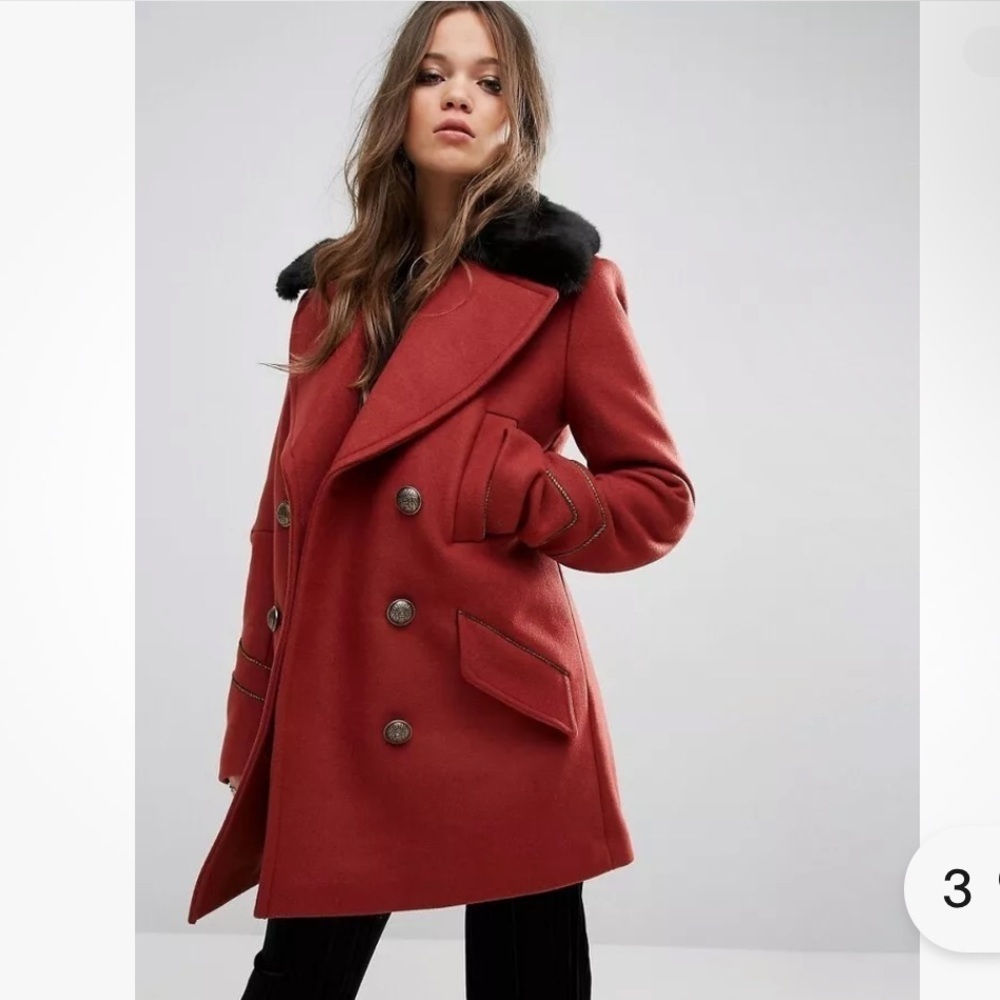 FREE PEOPLE SEDGWICK Red Wool Military Peacoat Double Breasted Fur Collar Sz.XS